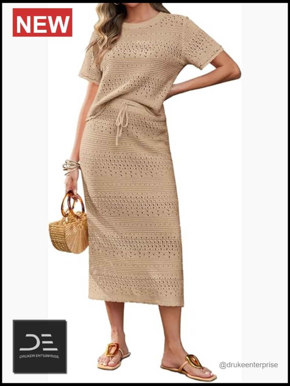 Crochet 2 Piece Skirt Set Knit Top Midi Skirt Vacation Beach Cover Up Outfits